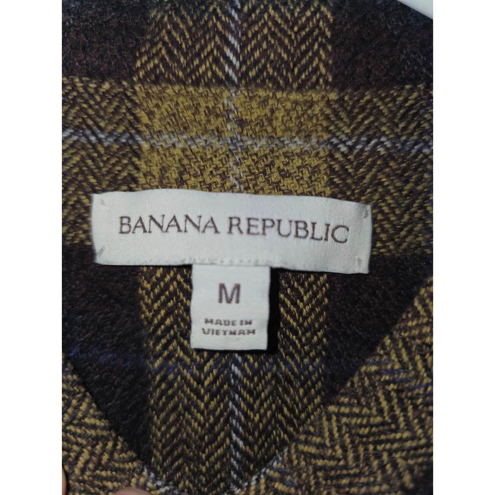 Banana Republic Women Plaid Flannel Shirt Dress Gold Navy Brown Herringbone M - Picture 3 of 5